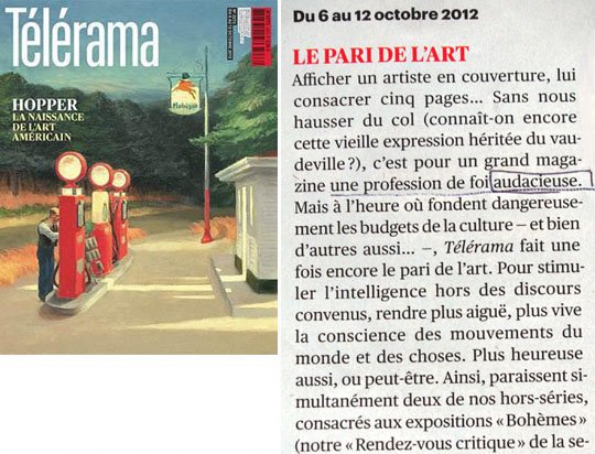 Télérama 2012 - couverture de Hopper, oct 2012 Télérama 2012 - couverture de Hopper