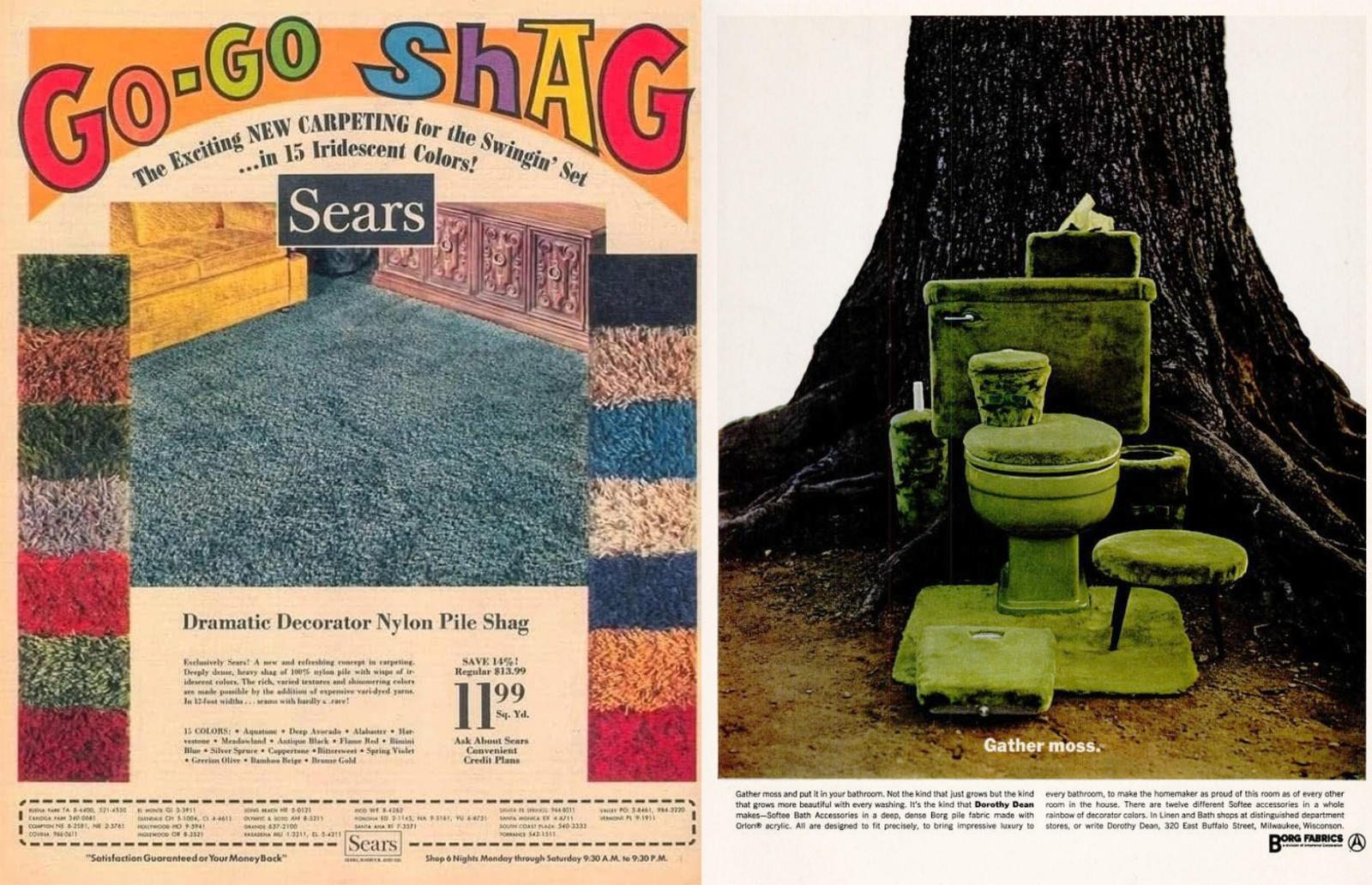publicités vintage pour des accessoires fluffy de salle de bain et toilettes wc