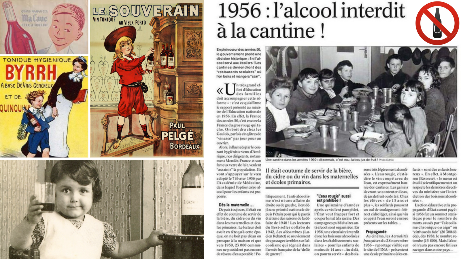 Publicités pour l'alcool et article sur l'interdiction du vin dans les cantines en 1956