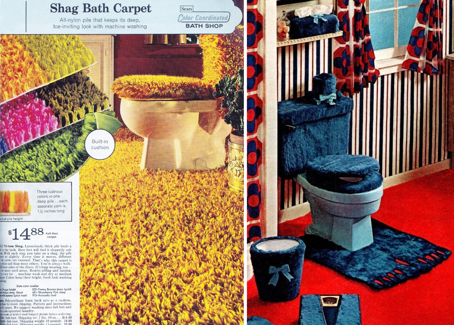 publicités vintage pour des accessoires fluffy de salle de bain et toilettes wc